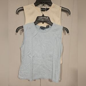 Lot Of 2 Old College Inn Tank Tops Juniors Large Cotton Blue White Layering Knit